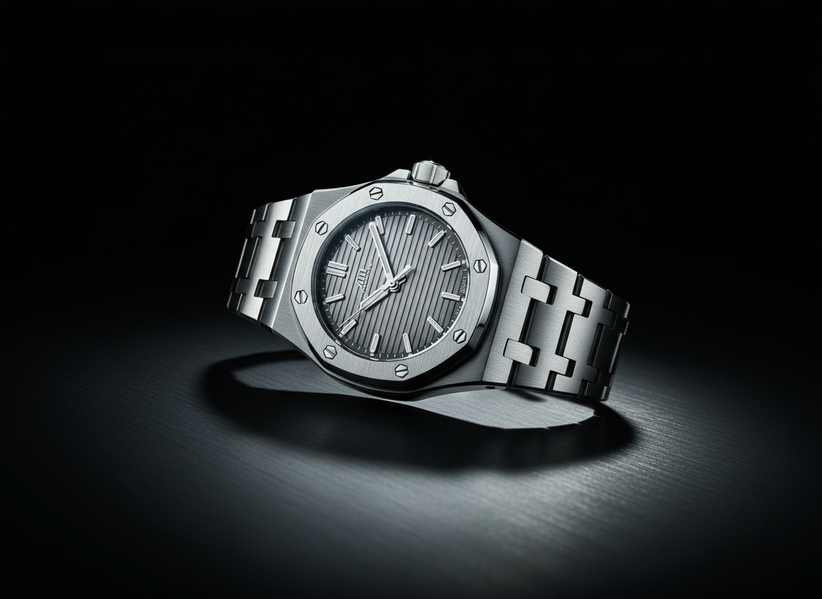 A dramatic photographic realism scene of a single white-gold luxury sports watch with integrated bracelet, placed on a dark, brushed metal surface. The octagonal bezel with visible screws, vertically brushed dial with applied indices, and perfectly articulated bracelet links are all sharply defined. A narrow beam of cool-toned spotlight from the upper right creates strong contrast, crisp specular highlights along the case edges, and a long, soft shadow trailing to the left. The background falls into deep, velvety black, emphasizing the watch’s silhouette and giving a gallery-like atmosphere. Captured at a low three-quarter angle with medium depth of field, the mood is bold, powerful, and contemporary, ideal for highlighting a hero timepiece in a luxury collection.